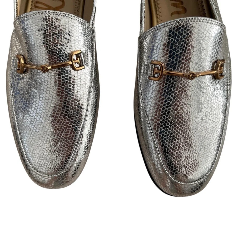 Sam Edelman Silver Snake Print Loafers Gold Bit Buckle 7 - Picture 3 of 7